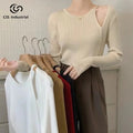Women's Casual Winter Sweater Solid Color Korean Style Long Sleeve Top with Hollow Neck Breathable Knitwear by Manufacture