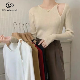 Women's Casual Winter Sweater Solid Color Korean Style Long Sleeve Top with Hollow Neck Breathable Knitwear by Manufacture
