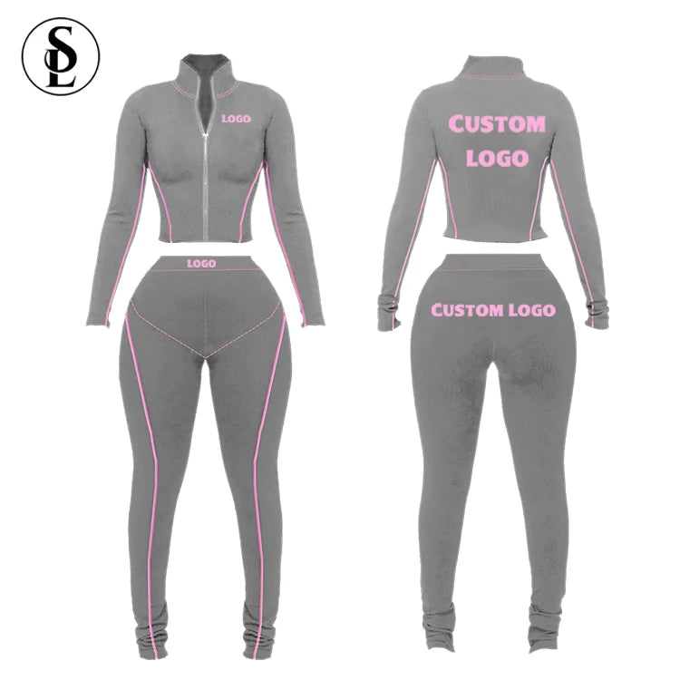 2023 Casual Solid High Stretch Skinny Two Piece Set Jacket & Tracksuit with Custom Logo Color Nylon Zipper for Women