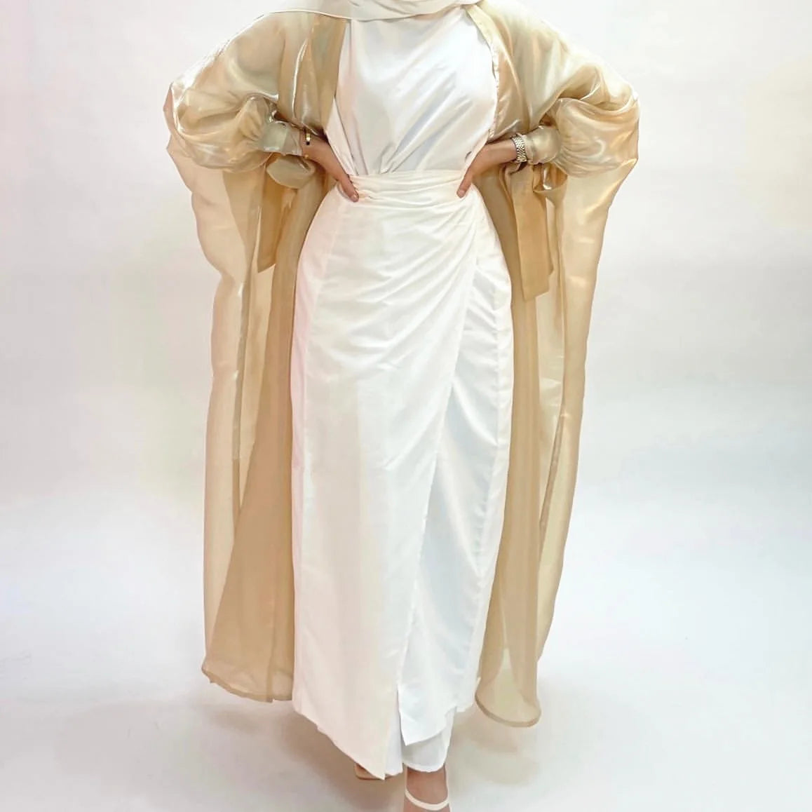 Tunic Dress Solid Color Elastic Wear Puff Sleeve Islamic Dubai Muslim Clothing Abaya Dress Wholesale Silk 2022 Latest Design