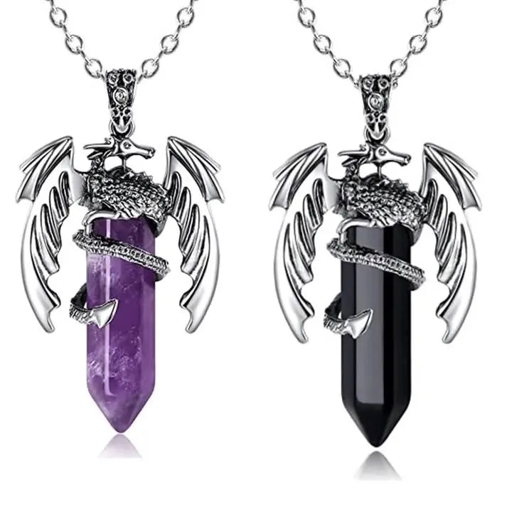 Vintage Reiki Spiritual Dragon Pendant Necklace Black Obsidian Hexagonal Point for Men Women Featuring Amethyst Main Gemstone