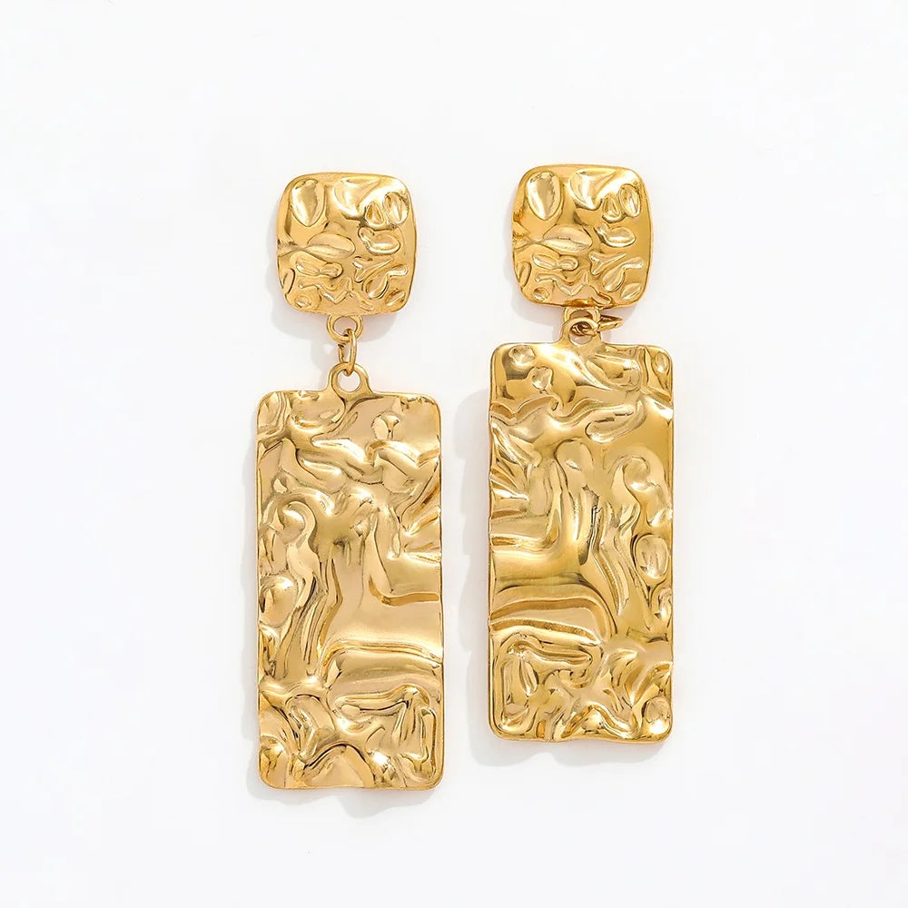JOOLIM 18K PVD Gold Plated Dressy Big Rectangle Hammered Vintage Nugget Texture Drop Earring  Stainless Steel Jewelry for Women