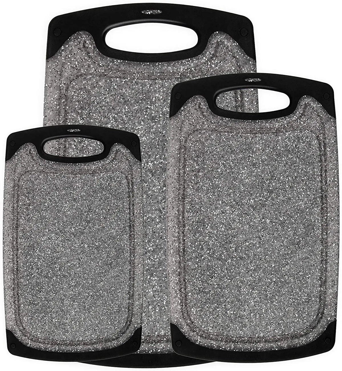 3pcs Durable Plastic Non-Slip Rectangle Kitchenware Cutting Board Kit in Black/Grey Without BPA Non-Porous Juice Slot 1cm Thick