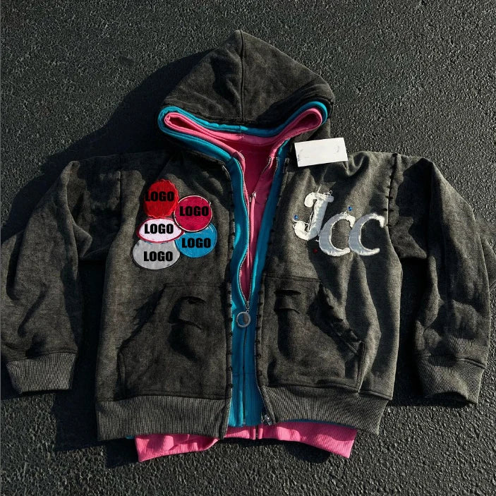 Custo Cotton Streetwear Y2K Cropped Boxy Double 3 Zipper Hooded Jacket Distressed Embroidery Patch Zip up Triple Layer Hoodie