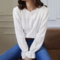 Enyami Cotton French Romantic Elegant Lace Round Collar Jacquard Top Spring Temperament New Hollow Long Sleeve Women T Shirt