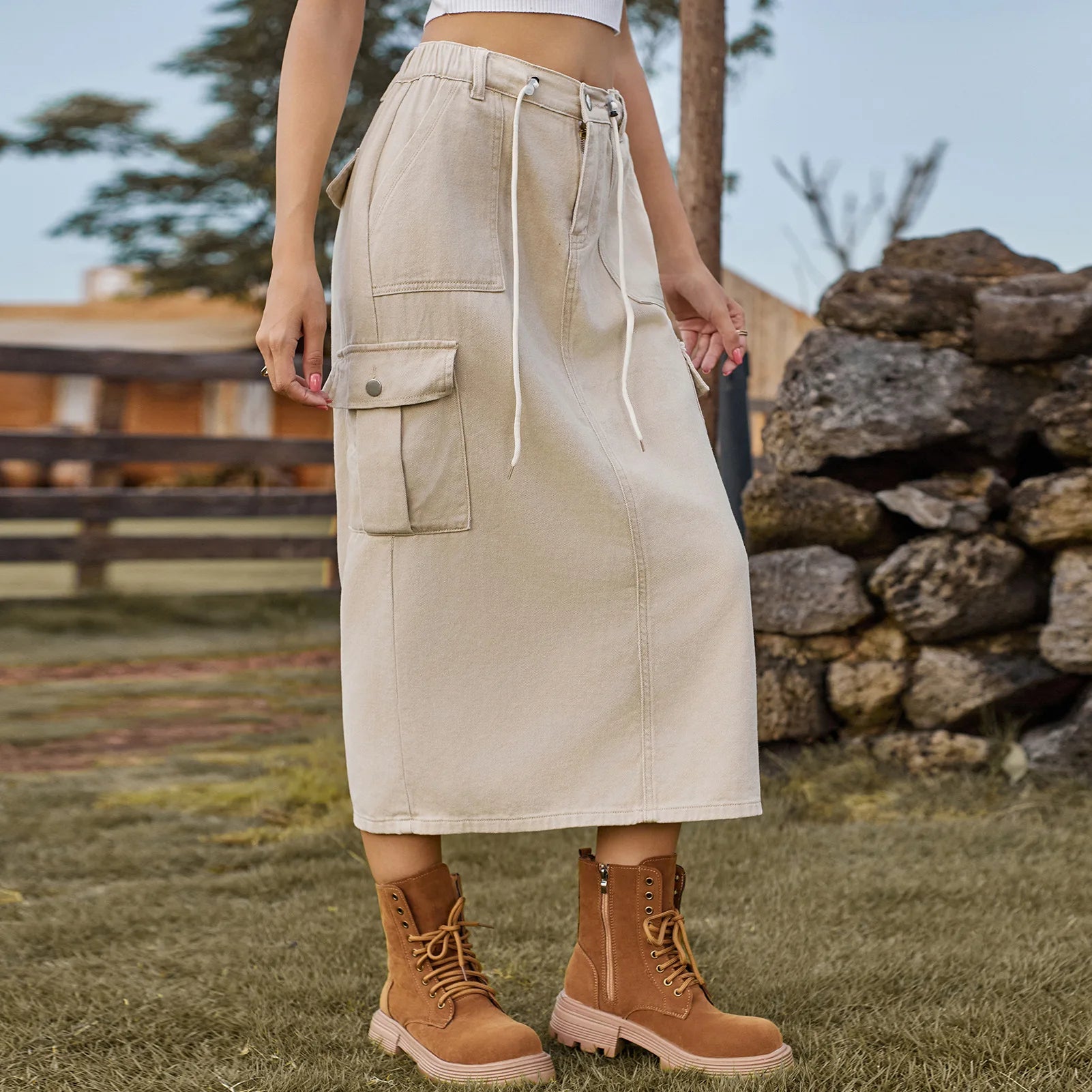 Workwear Denim Vintage Cargo Skirt Sports Casual Bust Skirt Women Outdoor Exercise Pocket Skirts for Women