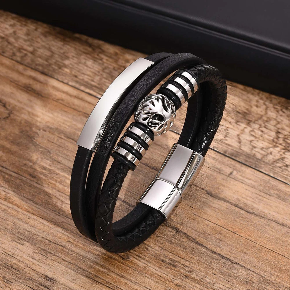 2024 Men's Fashion Jewelry Customized Stainless Steel Beads Black Braided Leather Bracelet Armband With Magnetic Closure