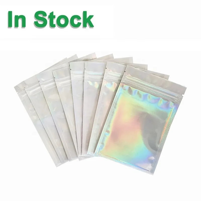 Front Clear Holographic Mylar Laser Flat Reclosable Zipper Food Storage Rainbow Packaging Pouch Bags