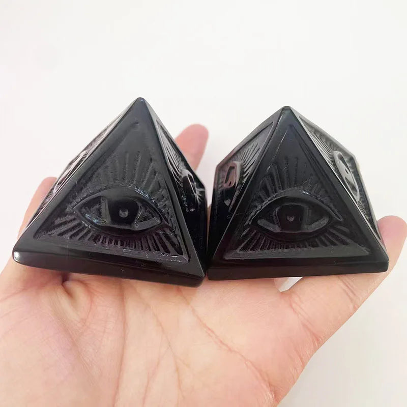 Crystal Pyramid Horus Eye Natural Hand Carved Black Obsidian Stone Crystal Pyramid With Evil Eyes Gifts