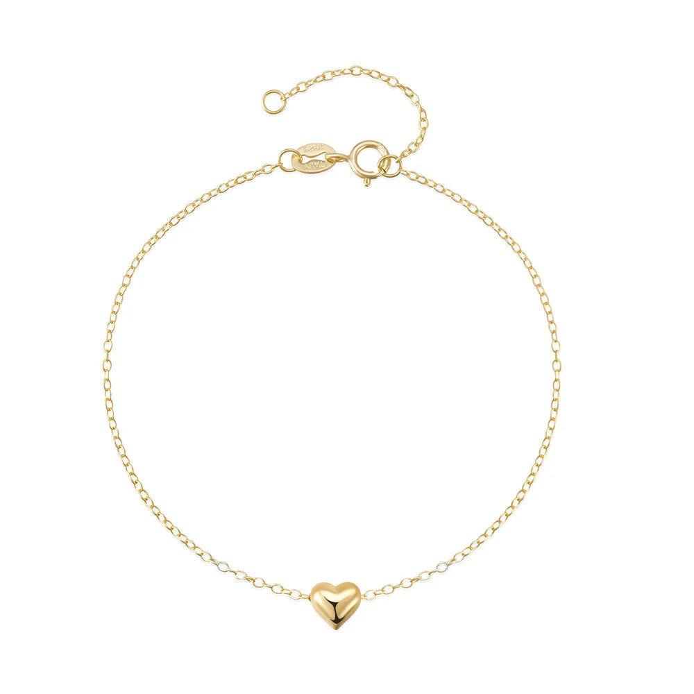 Fashion Jewelry 925 Sterling Silver Bracelet Heart Charm Plain Gold Plated Bracelets for Women Valentine's Day
