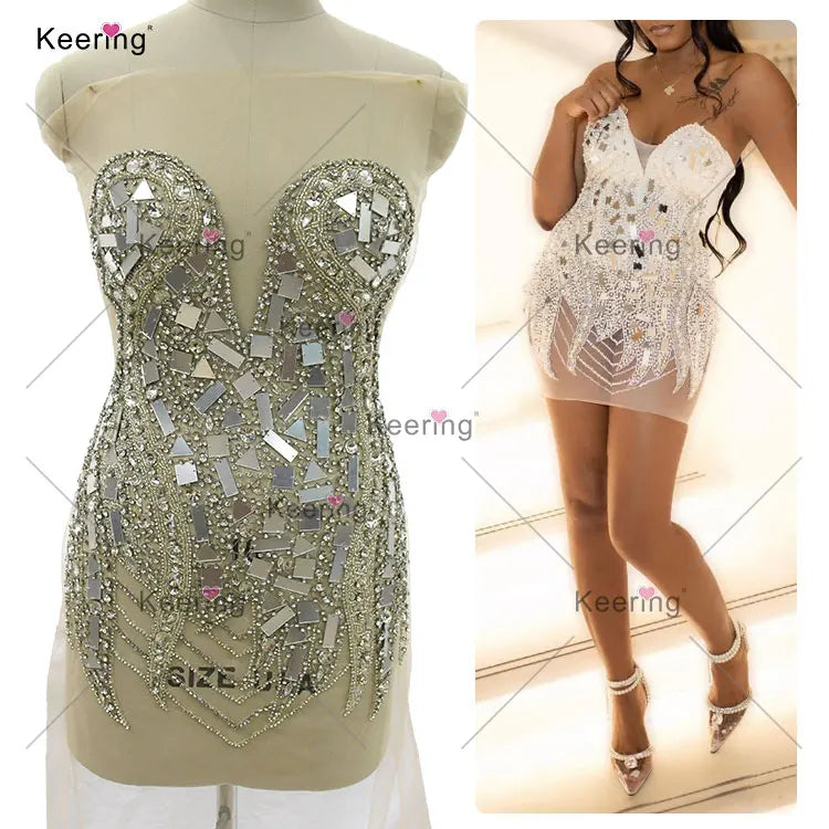 WDP-445 Keering Full Crystal Green Silver Gold Ab Rhinestone Wedding Dress Panels Pearl Bodice Mirror Appliques