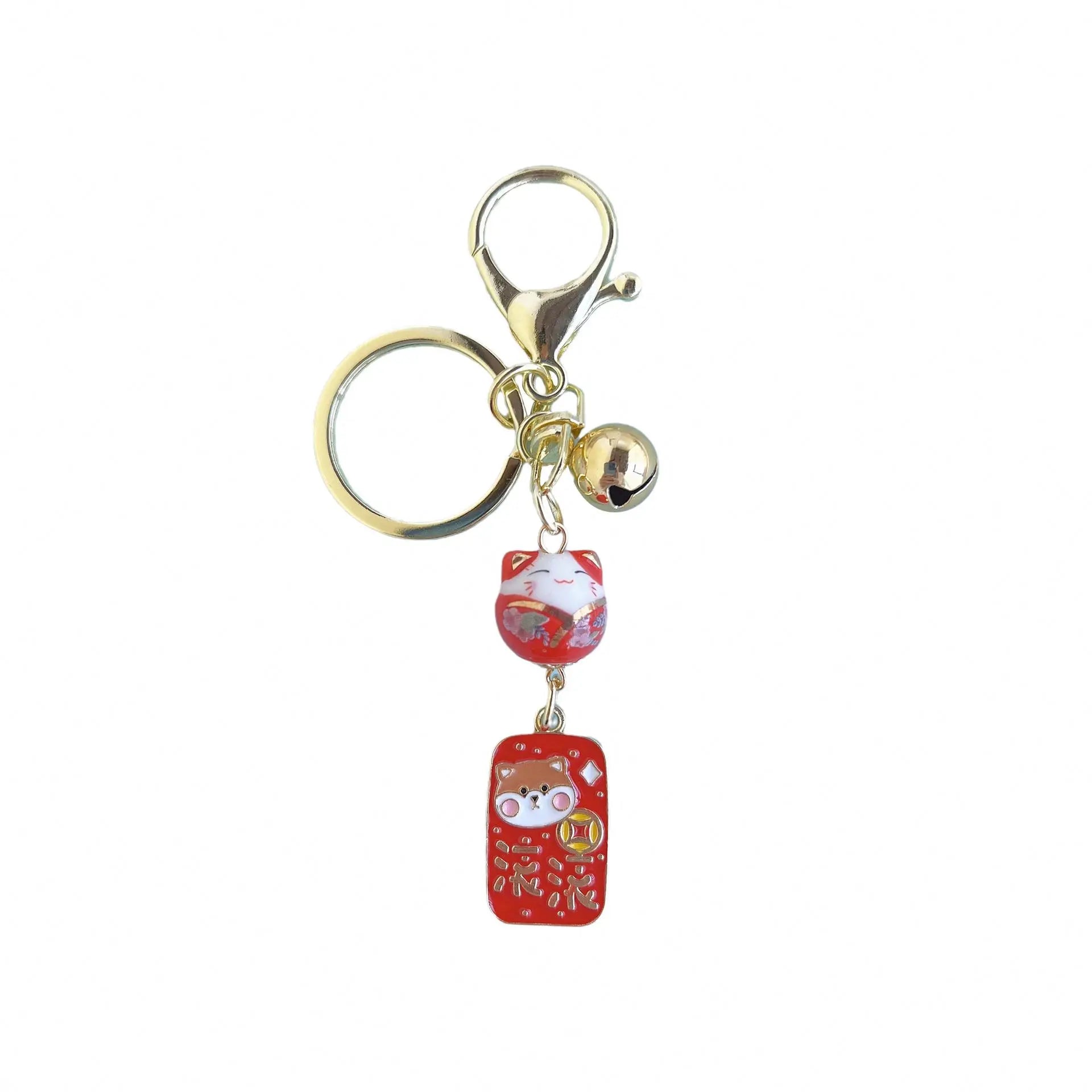 Promotion Wealth Fortune Money Bag Ceramic Japanese Maneki Neko Lucky Beckoning Cat Keychain with Koi Fish Enamel Amulet Charm