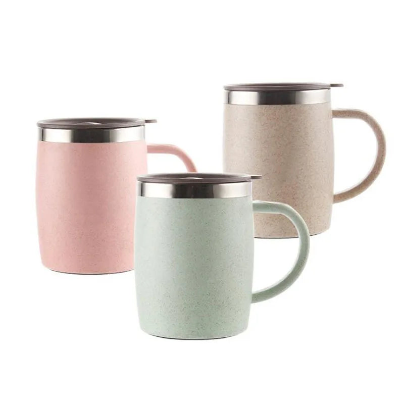 420ml Water Cup with Lid Straw Plastic Stainless Steel Coffee Mug