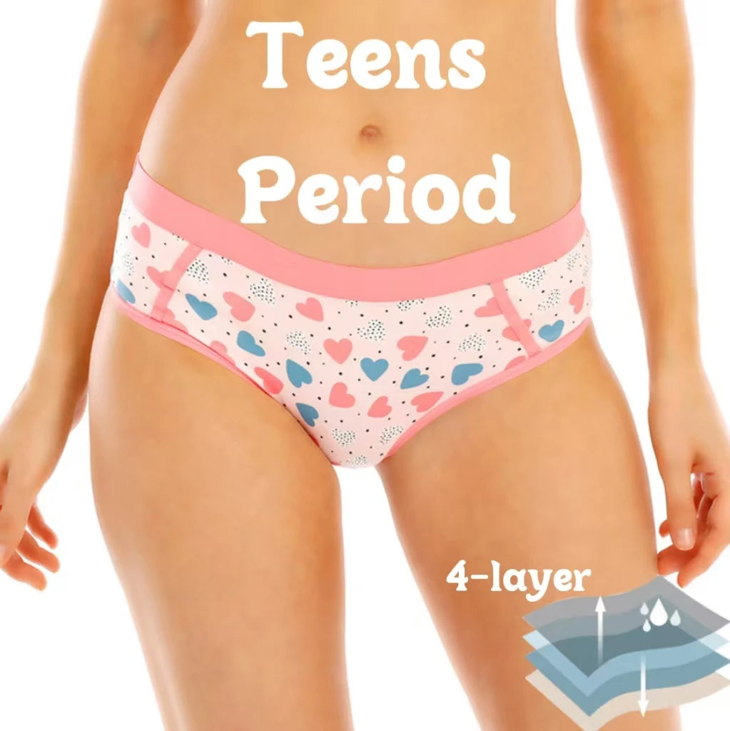 Teenager Girl Seamless Cotton Thongs Menstrual Underwear Floral & Heart Shape Pattern Printed  4 Layer Leakproof Period Panties