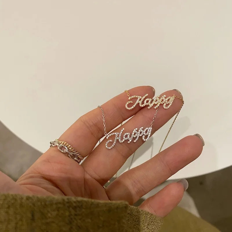 Hot Selling Pure 925 Sterling Silver Shiny CZ Zircon Happy Letters Pendant Necklace for Women Girls Jewelry