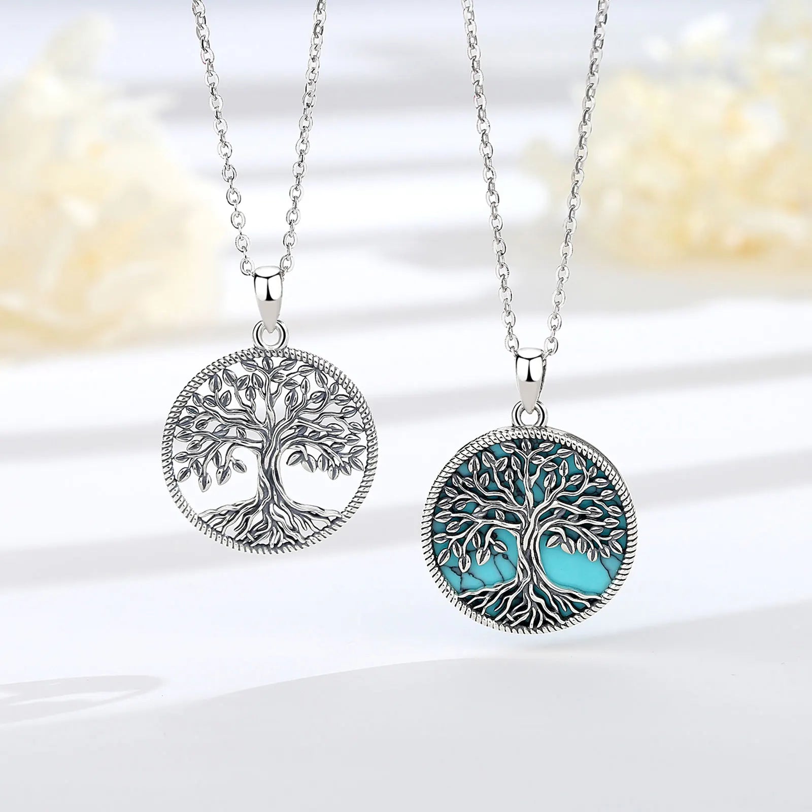 Merryshine 925 Sterling Silver Celtic  Family Tree of Life Green Malachite Turquoise Stone Pendant Necklace for Women