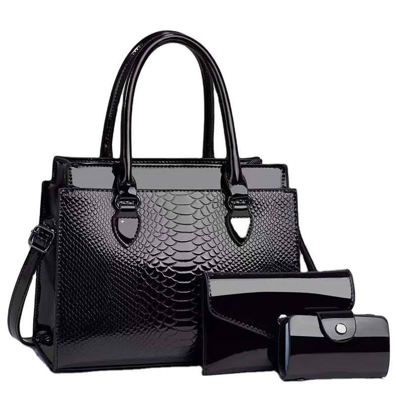 New Three Piece Set Versatile Fashion Retro Crocodile Pattern Zipper Closure PU Women Handbags
