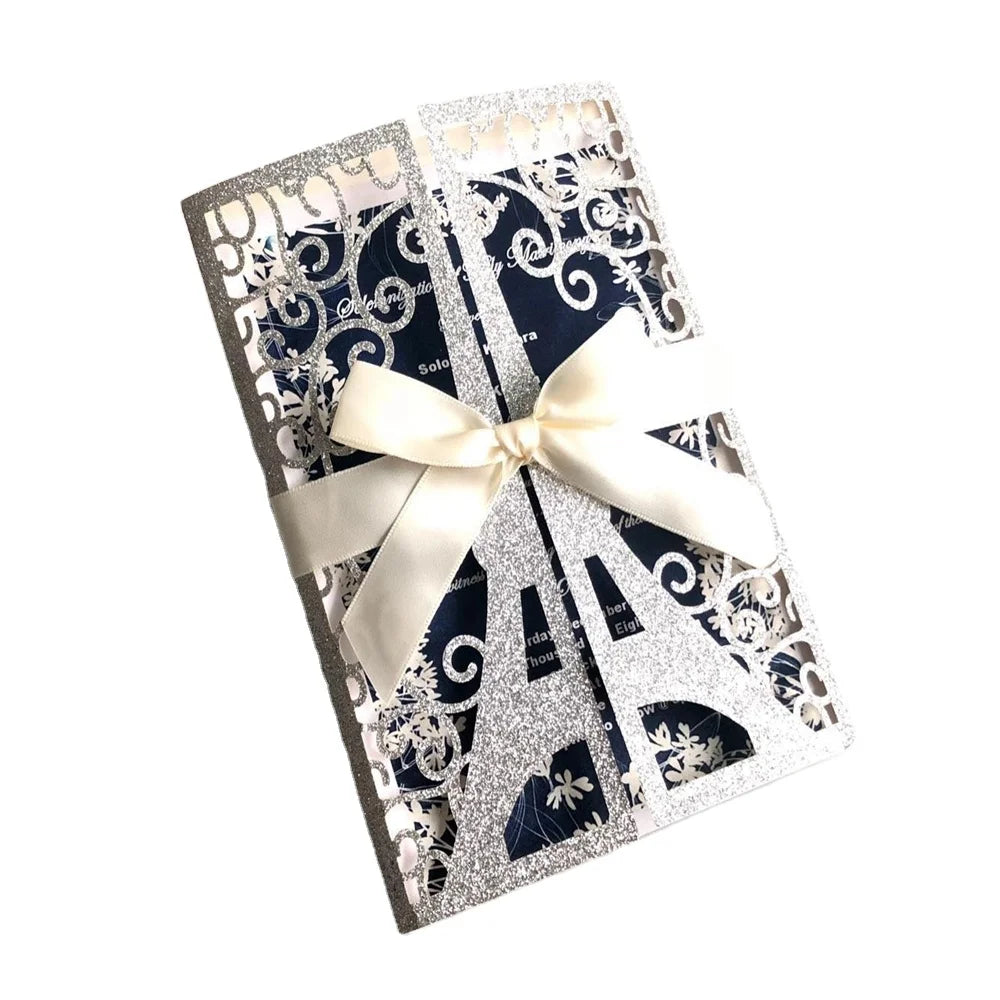 European Laser Eiffer Towel Glitter Wedding Invitation with ribbon bow MegaBDM