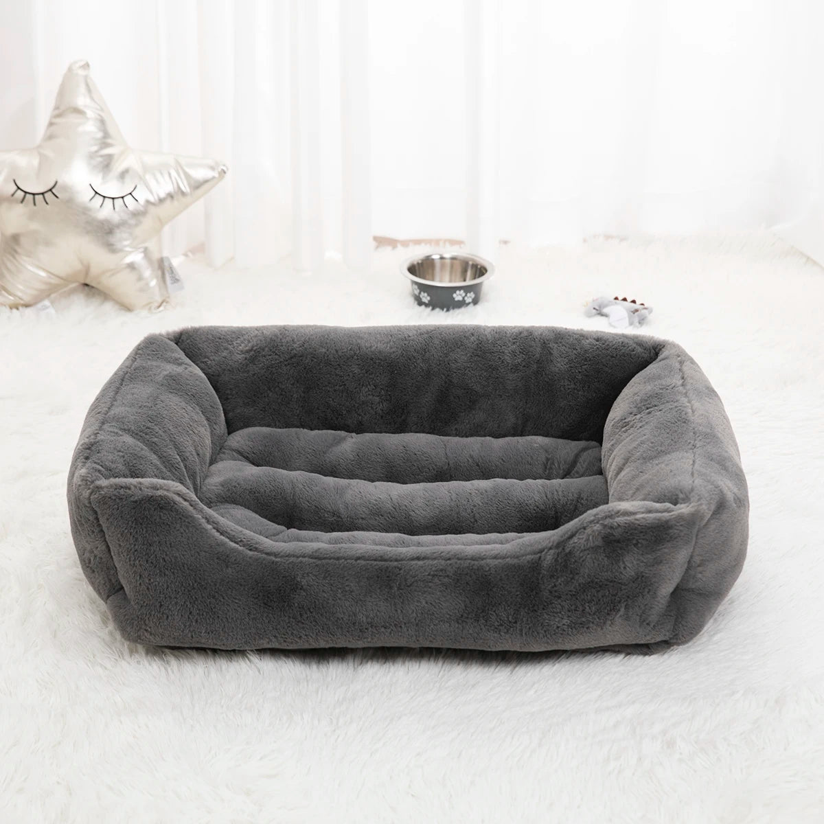 Modern Eco-Friendly Velvet Dog Bed with Reversible Cushion for Small Cats XL Size Solid Pattern in Grey/Black