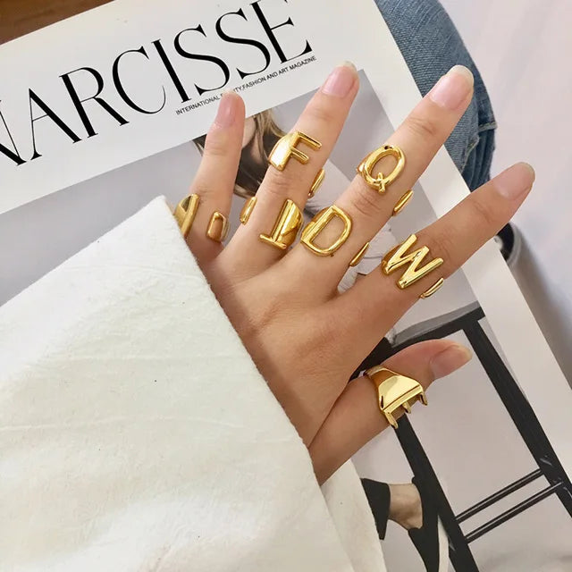 RTS Minimalism English Initial Letter Ring Man Jewelry Women Gold Plated Couple Ring