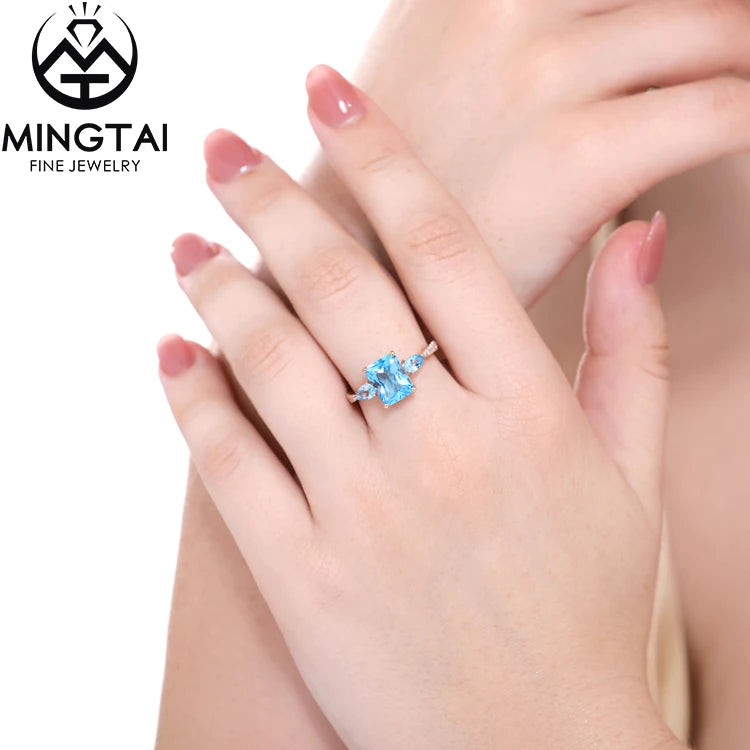 Customized Octagon Cut 14k Solid Gold Vivid Blue Gemstone Natural Swiss Blue Topaz 585 Three Stone Wedding Ring
