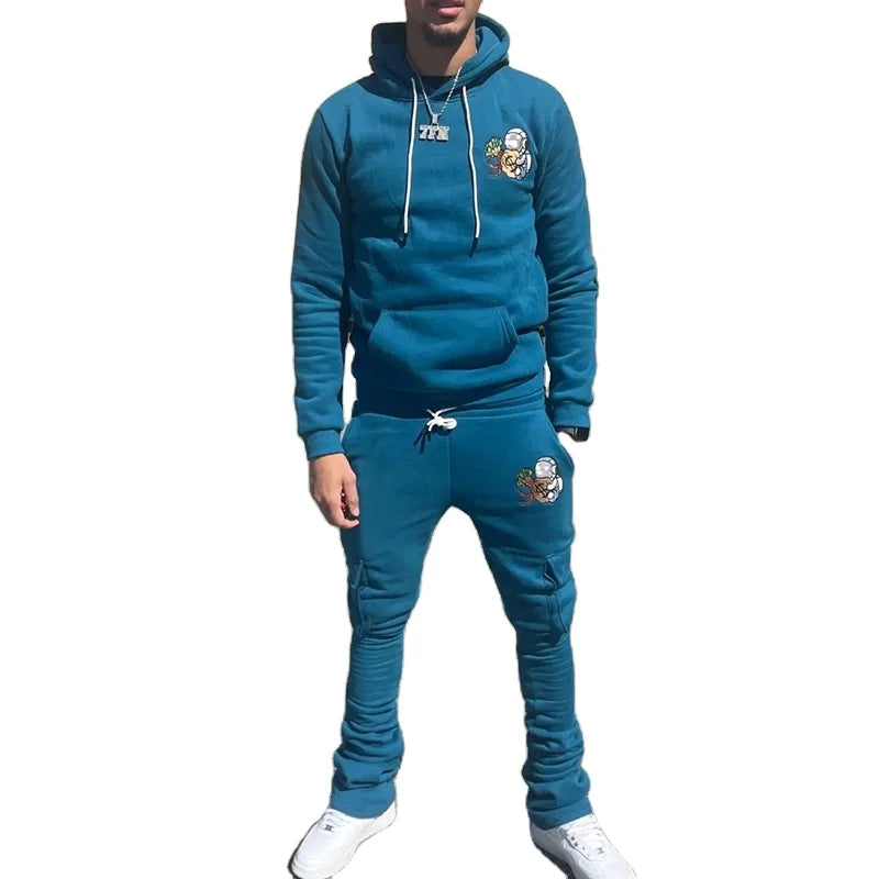 New Design Embroidery Stacked Custom Cargo Pants and Hoodie Sets Flare Joggers Tracksuits Track Suit for Men