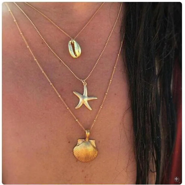 Best Selling Gold Plated Adjustable Multilayer Chain Starfish Scallop Shell  Bohemian  Pendant Necklace
