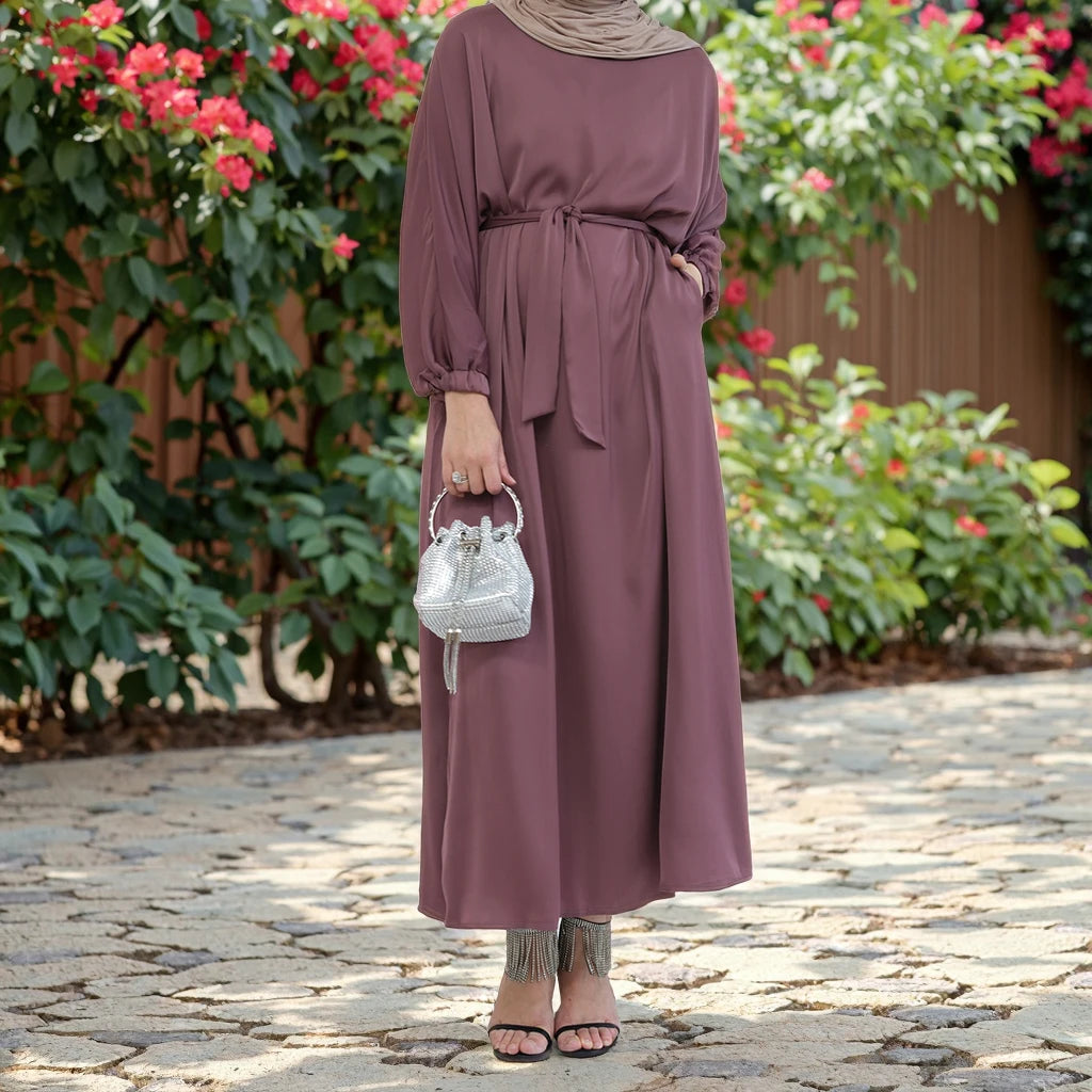 Loriya Women's Dresses Islamic Clothing Solid Color Satin Closed Abaya Dubai Summer Abaya Women Muslim Dress EID Collections