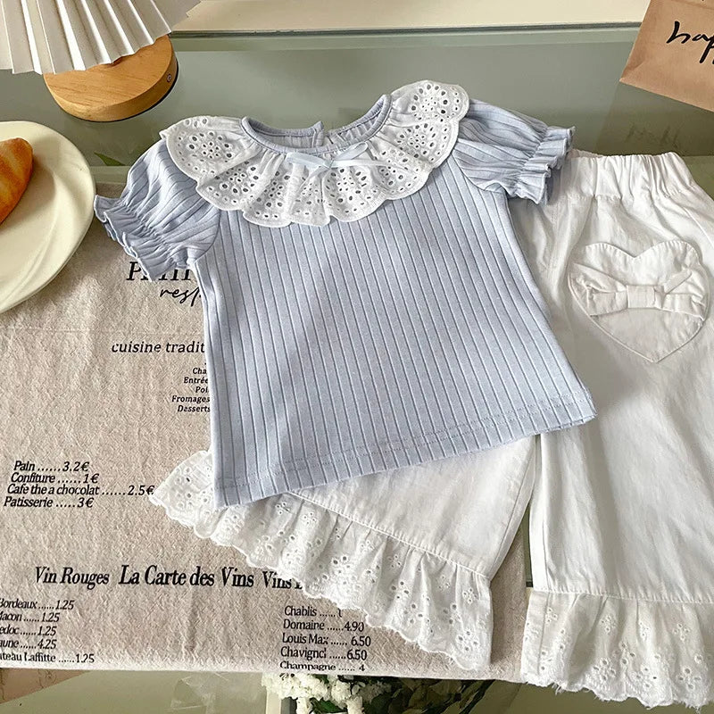 Girls' Set 2025 Summer New Korean-style Lace Lapel Top with Heart-shaped Loose Casual Lace Pants