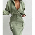 Women's Summer Casual Hooded Suit with Solid Color Slim-Fit Long Skirt Knitted Two-Piece Customizable for Europe United States