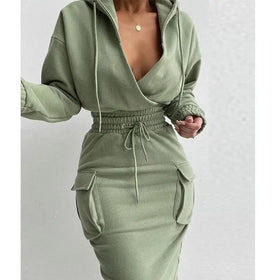 Women's Summer Casual Hooded Suit with Solid Color Slim-Fit Long Skirt Knitted Two-Piece Customizable for Europe United States