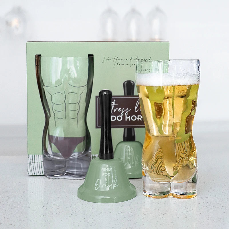 BespritGift Factory Wholesale Personal Birthday Gift Fitness Body Glass Mug Beer Cup & Hand Bell Novelty Gift Set for Men Women