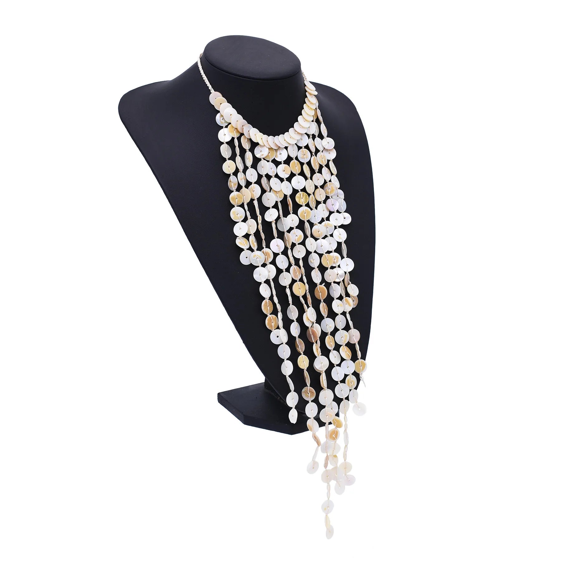 Women's Trendy Button Shape Beaded Necklace with Multi-Layer Shell Beads and Tassels Chains Beach Jewelry Accessory