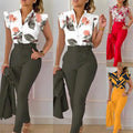 S-XXL New Fashion Printed Ruffle Sleeve Short Sleeve Top Solid Color Pants Set With Belt 2-piece Set