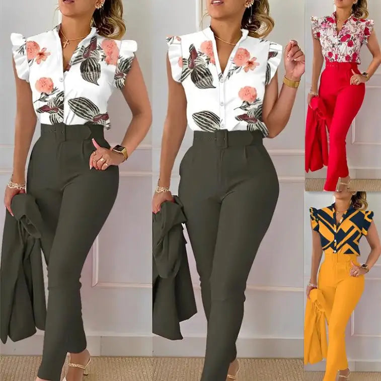 S-XXL New Fashion Printed Ruffle Sleeve Short Sleeve Top Solid Color Pants Set With Belt 2-piece Set