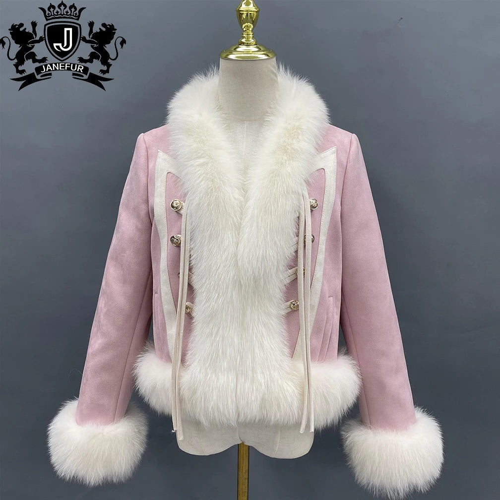 Janefur Retro Elegant Ladies V-neck Thick Down Jacket with Real fox Fur Trim Women's Puffer Jacket with Fur