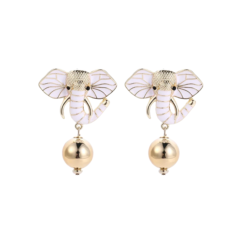 Minimalist Gold Plated Round Ball Animals Drop Earrings White Oil Dripping Elephant Stud Earrings
