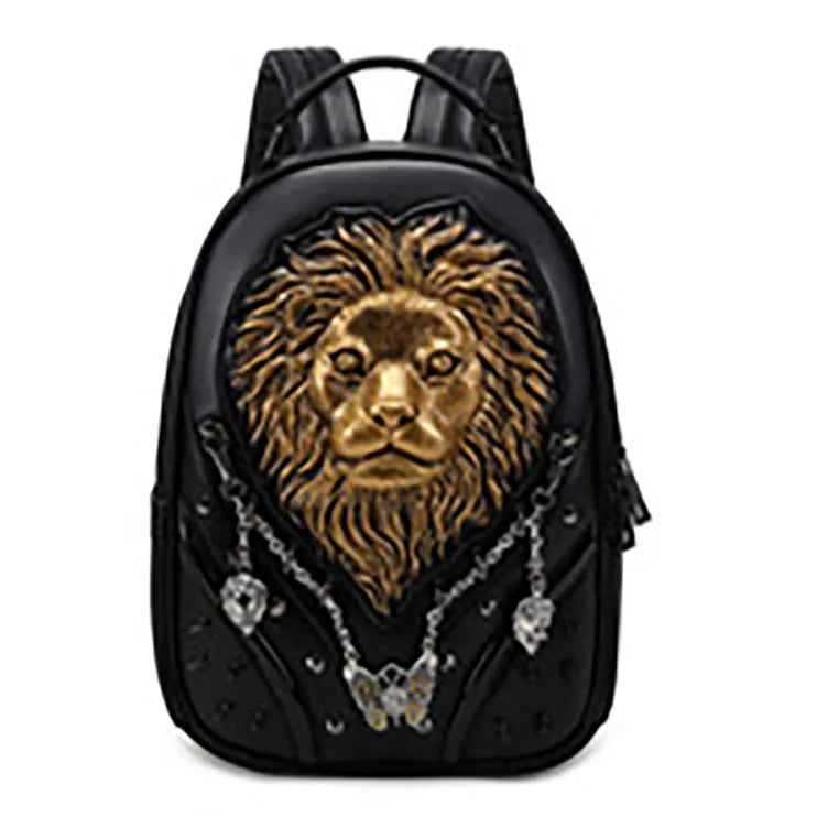 2024 High Fashion 3D Lionhead Cartoon Creative Backpack Women's Casual Bag Riveted Zipper Backpack Punk Relief