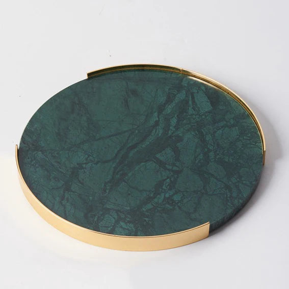 Top Quality Round Marble Trays Gift Serving Tray Storage Accessories Tray With Metal Handle