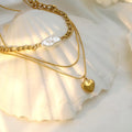 Fashionable 18k Gold Stainless Steel Three-layer Stacked Heart-shaped Pendant NK Chain Baroque Pearl Necklace for Women