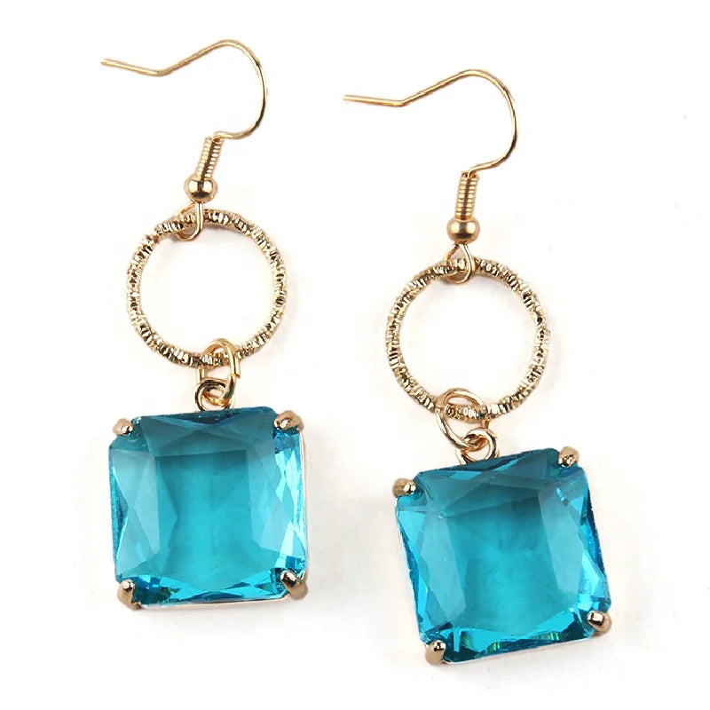 Newest Lady Gift 5.5cm Jewelry Alloy Circle Blue Red Black Pink Square Cubic Zircon Pendant Earring
