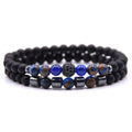 New Fashion Jewelry Matte Onyx Stone Blue Agate Hematite Beads Bracelet CZ Ball Elastic Bracelet Set Men JBS11357