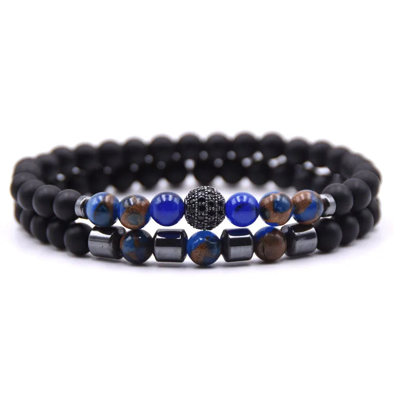 New Fashion Jewelry Matte Onyx Stone Blue Agate Hematite Beads Bracelet CZ Ball Elastic Bracelet Set Men JBS11357
