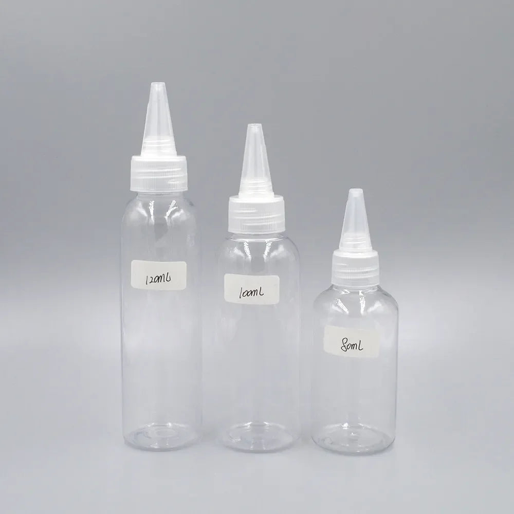 Flexible Transparent PET Squeeze Pointed Tip Bottle for Packaging Hair Oil Serum & Hair Care Liquids With Custom Brand Print