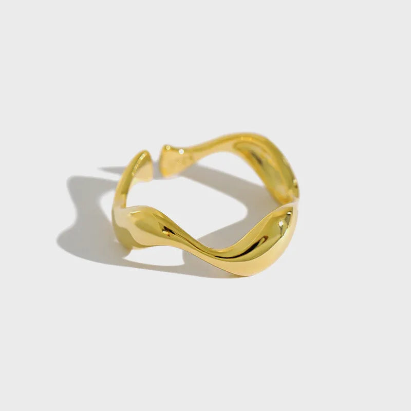 Minimalist Irregular S925 Sterling Silver Ring Wave Pattern Glossy Female Ring Open Silver Ring for Women
