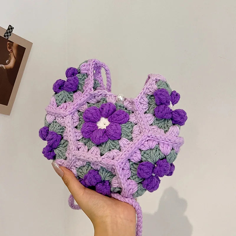 Handmade Crochet Flower Shape Crossbody Bag - Flower Knit Drawstring Purse for Children/ Women