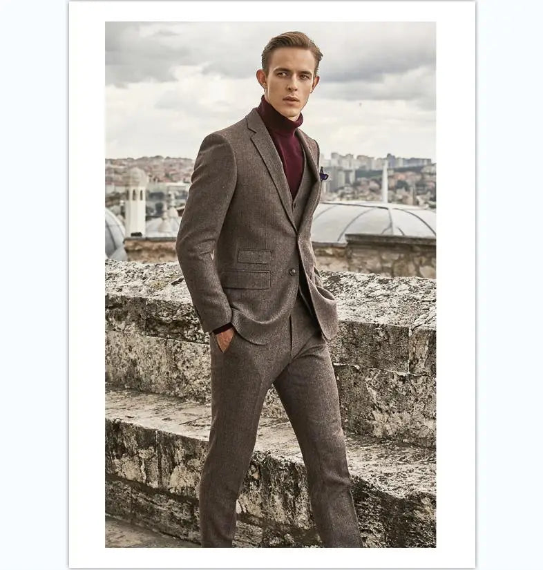 Suit Men's Brown Italian Retro Tweed Woolen British Style Formal Dress Wedding Wedding Men's Suit