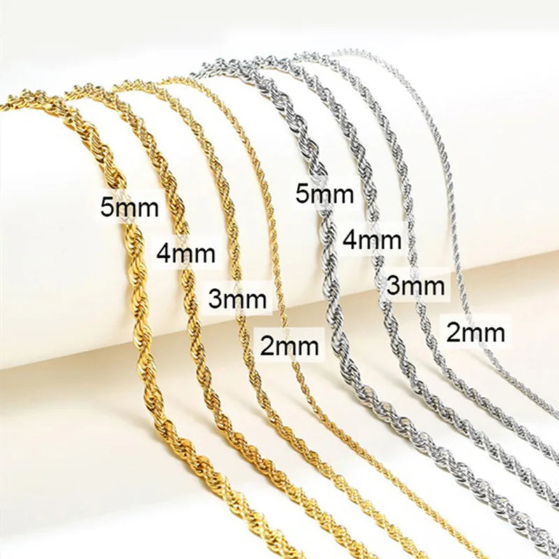 Vermeil Thin Rope Chain Necklace Twisted Rope Gold Stainless Steel Wholesale Custom 2mm 3mm 4mm 5mm Gold Plated Crystal Crescent