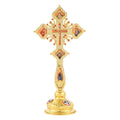 HT 40cm Orthodox Standing Crucifix Gold-Plated Metal Cross with Saint Icons Rhinestone Church Altar Prayer Room Christian Gifts