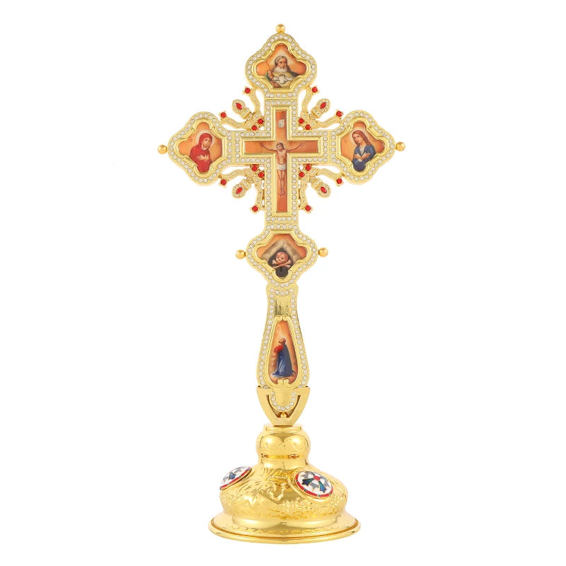 HT 40cm Orthodox Standing Crucifix Gold-Plated Metal Cross with Saint Icons Rhinestone Church Altar Prayer Room Christian Gifts